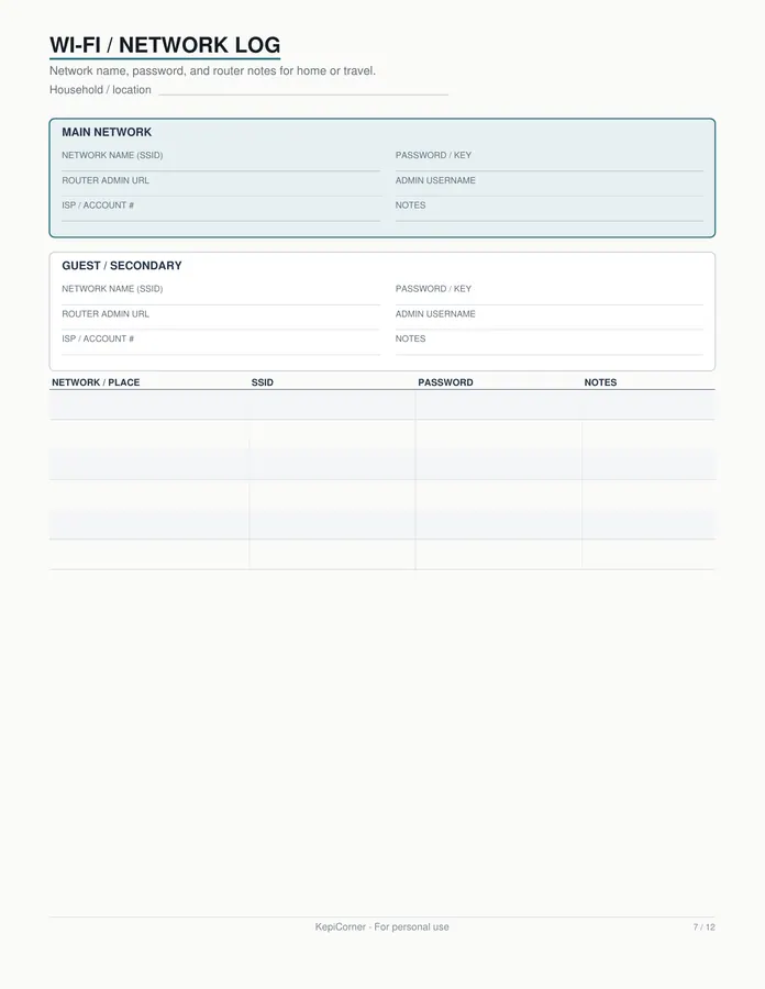 Password Log printable – page 7 of 12, rendered from Password-Log-Pack-Letter.pdf