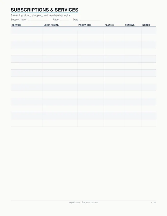 Password Log printable – page 8 of 12, rendered from Password-Log-Pack-Letter.pdf
