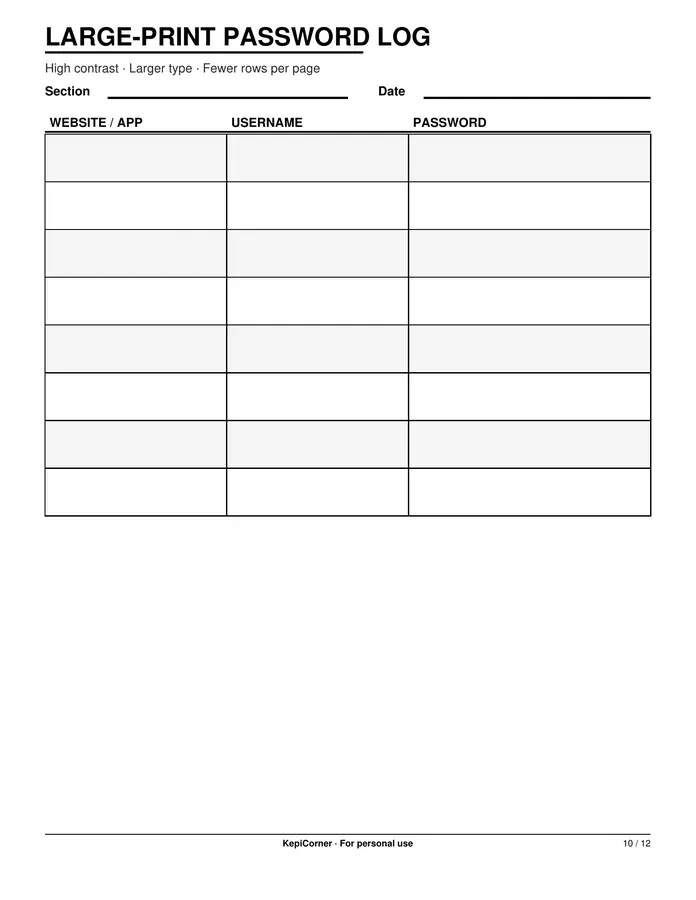Password Log printable – page 10 of 12, rendered from Password-Log-Pack-Letter.pdf