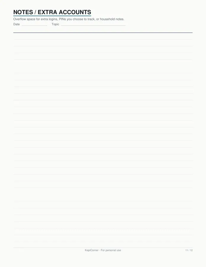 Password Log printable – page 11 of 12, rendered from Password-Log-Pack-Letter.pdf