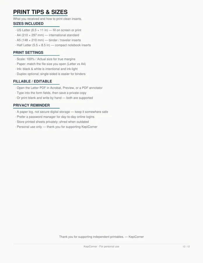 Password Log printable – page 12 of 12, rendered from Password-Log-Pack-Letter.pdf