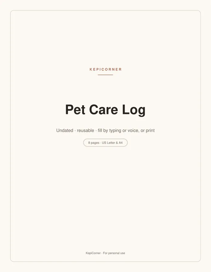 Pet Sitter Info Sheet & Care Log printable – page 1 of 8, rendered from Pet-Care-Log-Letter.pdf