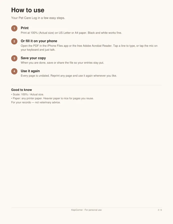 Pet Sitter Info Sheet & Care Log printable – page 2 of 8, rendered from Pet-Care-Log-Letter.pdf