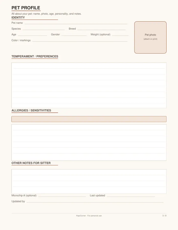 Pet Sitter Info Sheet & Care Log printable – page 3 of 8, rendered from Pet-Care-Log-Letter.pdf