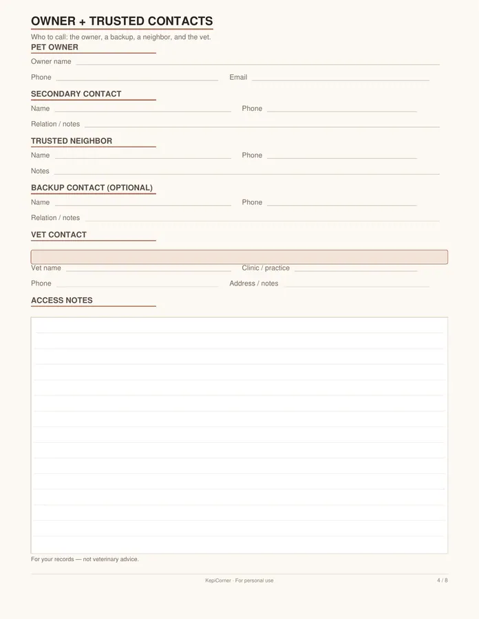 Pet Sitter Info Sheet & Care Log printable – page 4 of 8, rendered from Pet-Care-Log-Letter.pdf