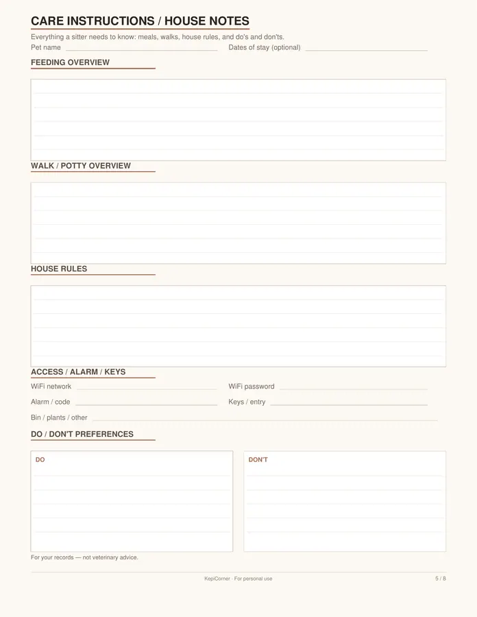 Pet Sitter Info Sheet & Care Log printable – page 5 of 8, rendered from Pet-Care-Log-Letter.pdf