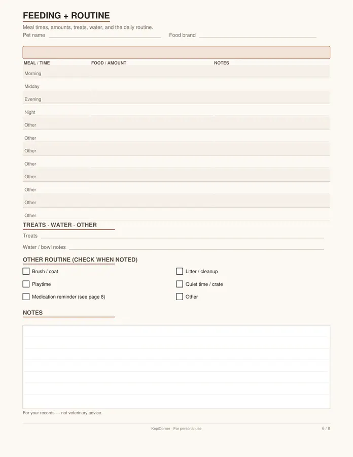 Pet Sitter Info Sheet & Care Log printable – page 6 of 8, rendered from Pet-Care-Log-Letter.pdf