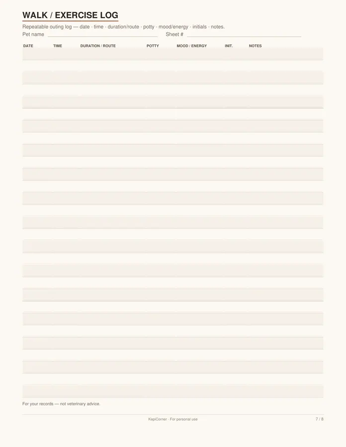 Pet Sitter Info Sheet & Care Log printable – page 7 of 8, rendered from Pet-Care-Log-Letter.pdf