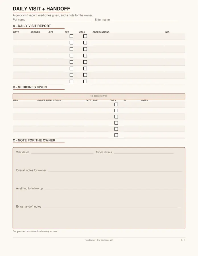 Pet Sitter Info Sheet & Care Log printable – page 8 of 8, rendered from Pet-Care-Log-Letter.pdf