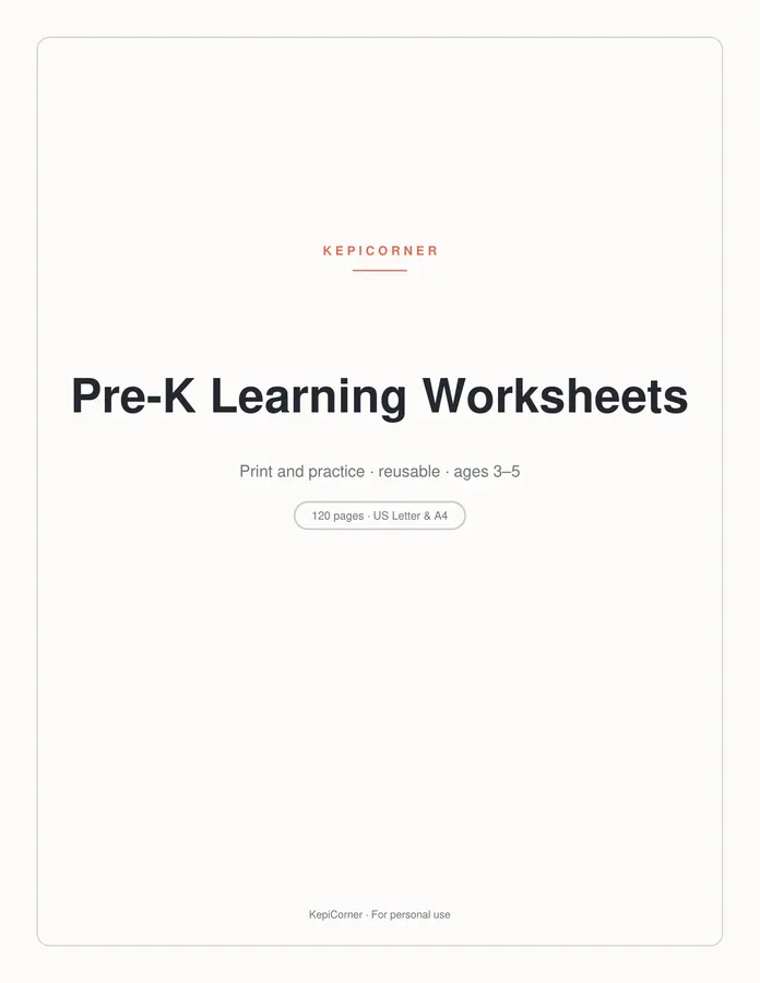 Pre-K Worksheets Ages 3–5 printable – page 1 of 120, rendered from PreK-Ages3-5-Learning-Worksheets-Letter.pdf