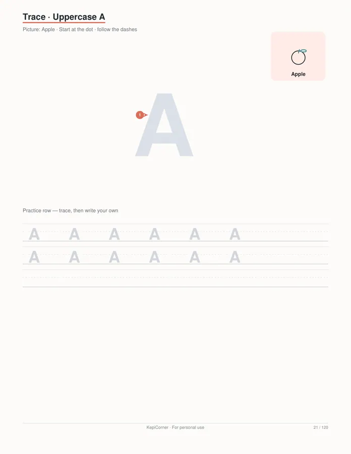 Pre-K Worksheets Ages 3–5 printable – page 21 of 120, rendered from PreK-Ages3-5-Learning-Worksheets-Letter.pdf