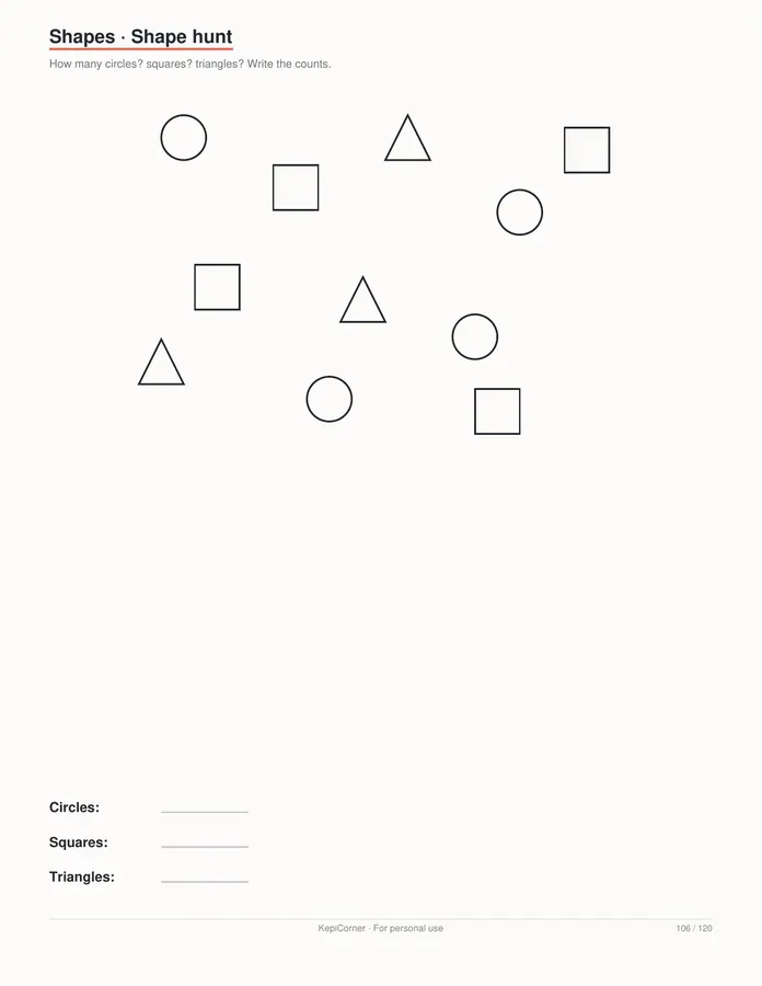 Pre-K Worksheets Ages 3–5 printable – page 106 of 120, rendered from PreK-Ages3-5-Learning-Worksheets-Letter.pdf
