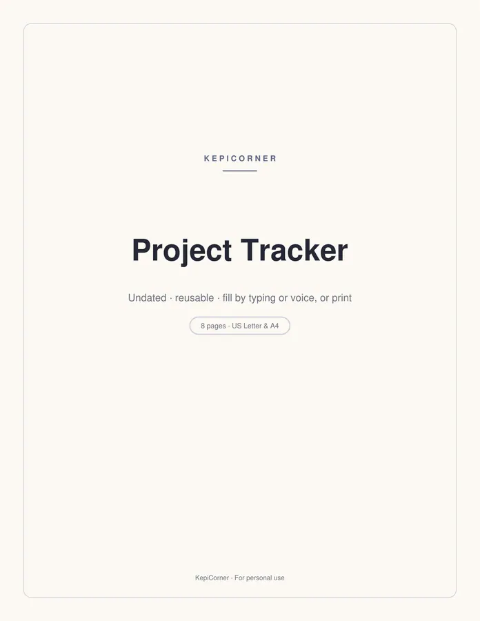 Project Tracker printable – page 1 of 8, rendered from Project-Tracker-Letter.pdf