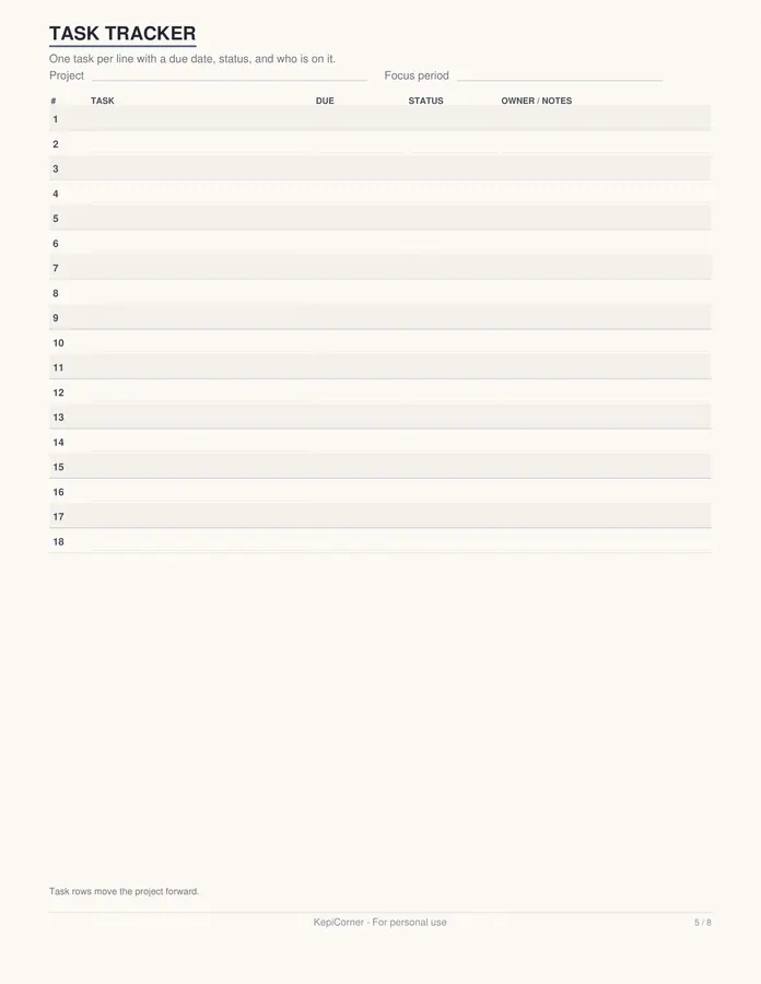 Project Tracker printable – page 5 of 8, rendered from Project-Tracker-Letter.pdf