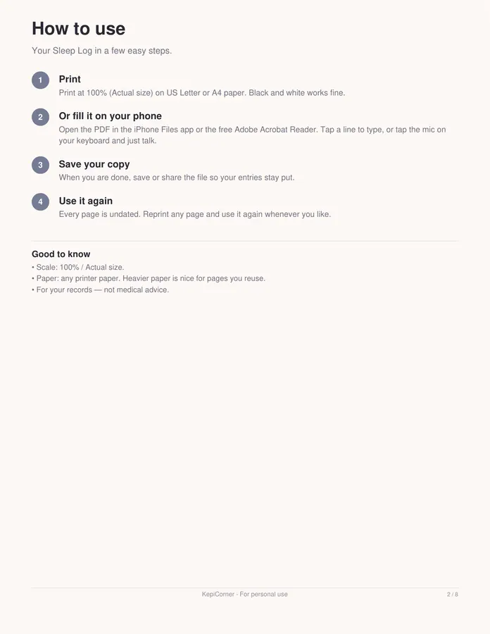 Sleep Log printable – page 2 of 8, rendered from Sleep-Log-Letter.pdf