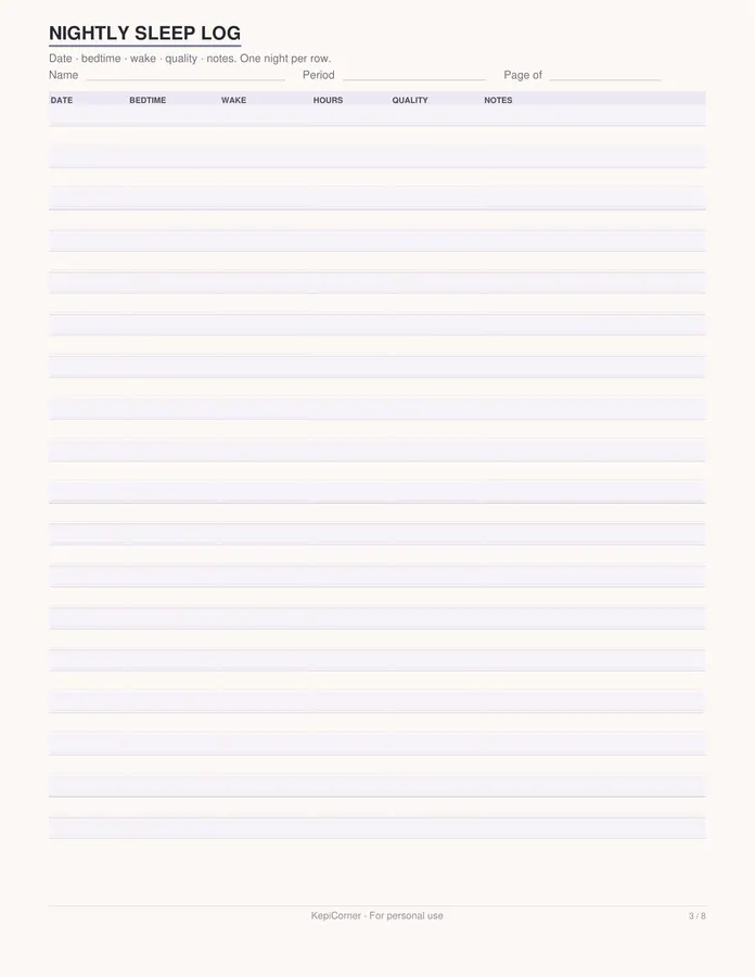 Sleep Log printable – page 3 of 8, rendered from Sleep-Log-Letter.pdf