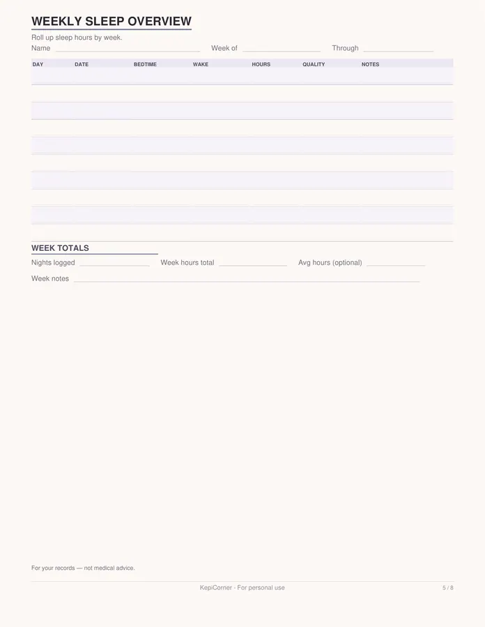 Sleep Log printable – page 5 of 8, rendered from Sleep-Log-Letter.pdf