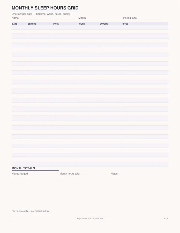 Sleep Log printable – page 6 of 8, rendered from Sleep-Log-Letter.pdf