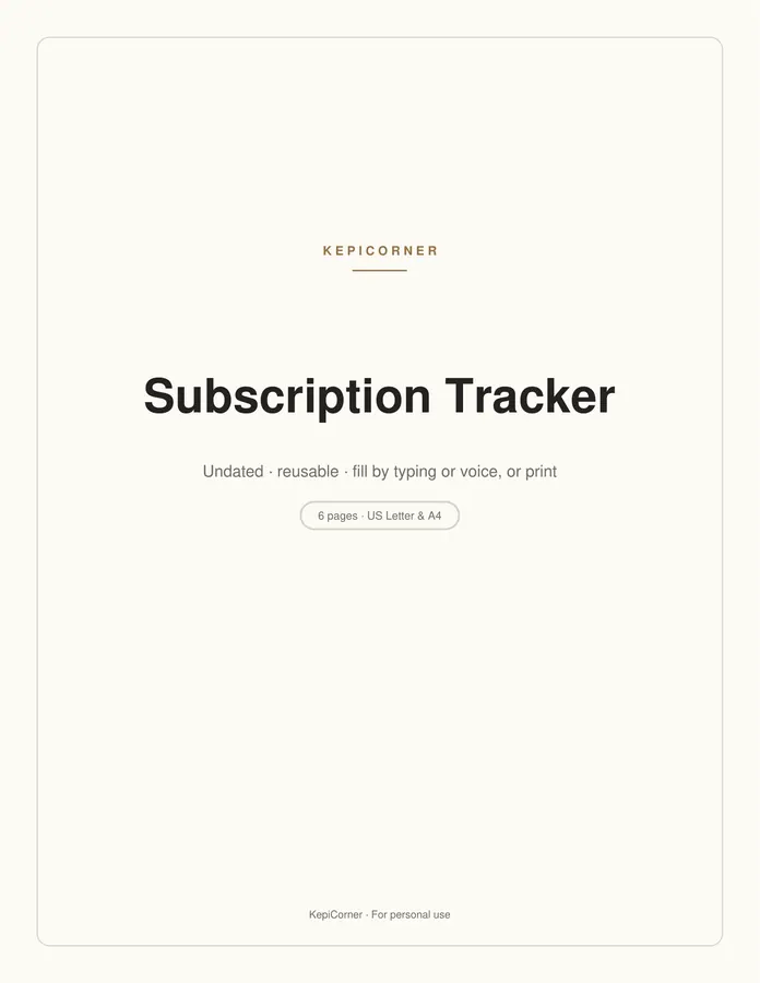 Subscription Tracker printable – page 1 of 6, rendered from Subscription-Tracker-Letter.pdf