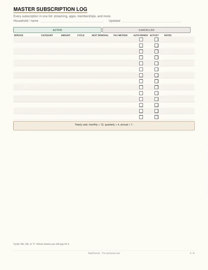 Subscription Tracker printable – page 3 of 6, rendered from Subscription-Tracker-Letter.pdf