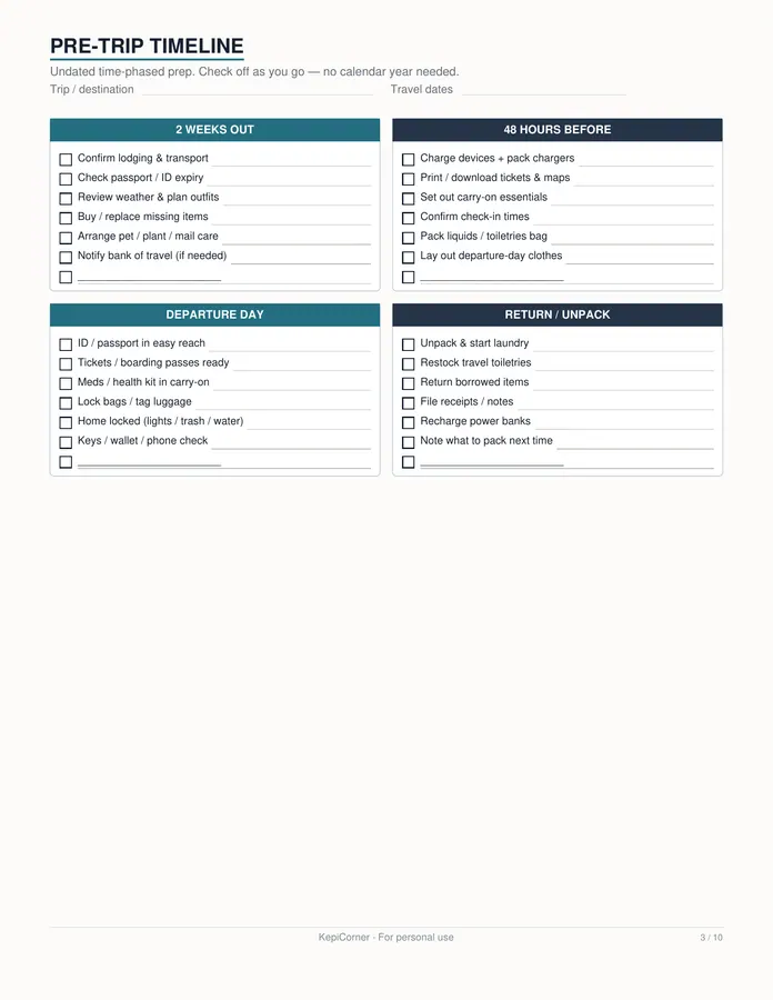 Travel Packing Checklist printable – page 3 of 10, rendered from Travel-Packing-Checklist-Letter.pdf