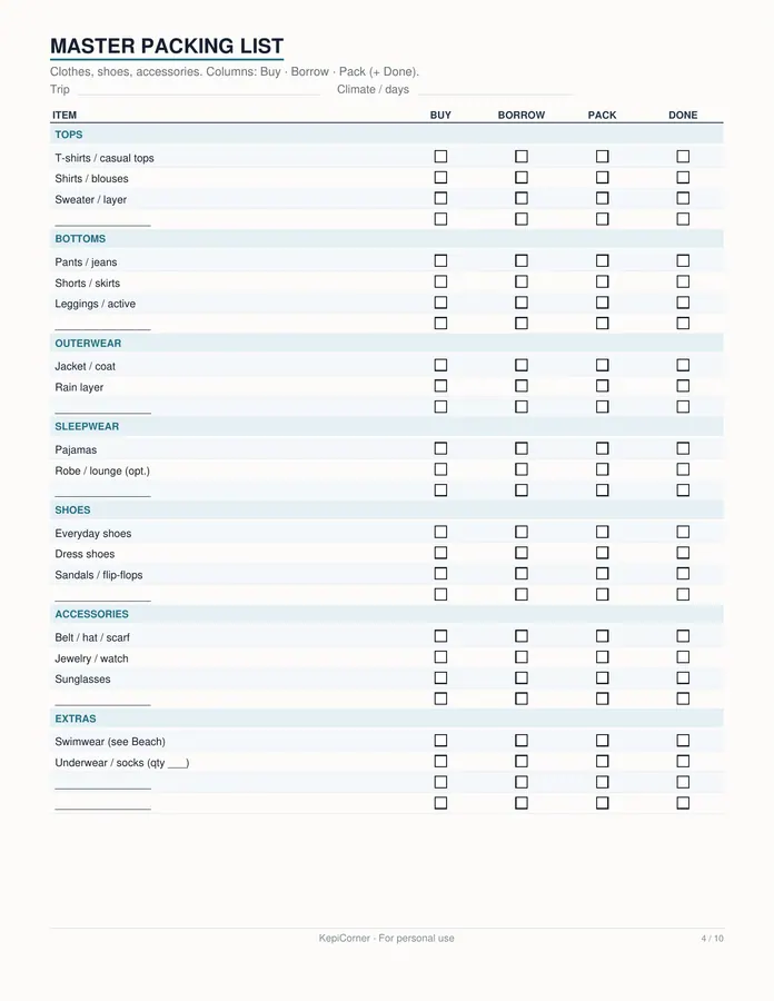 Travel Packing Checklist printable – page 4 of 10, rendered from Travel-Packing-Checklist-Letter.pdf