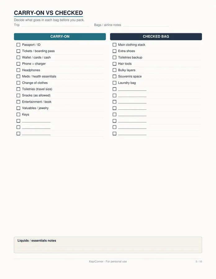 Travel Packing Checklist printable – page 5 of 10, rendered from Travel-Packing-Checklist-Letter.pdf