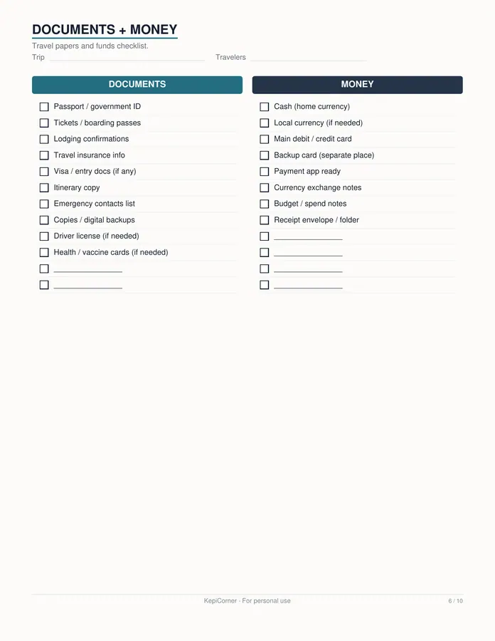 Travel Packing Checklist printable – page 6 of 10, rendered from Travel-Packing-Checklist-Letter.pdf