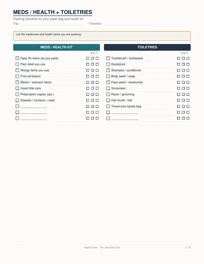 Travel Packing Checklist printable – page 7 of 10, rendered from Travel-Packing-Checklist-Letter.pdf