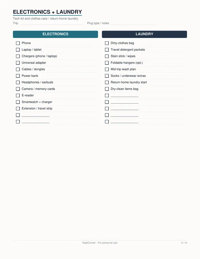 Travel Packing Checklist printable – page 8 of 10, rendered from Travel-Packing-Checklist-Letter.pdf