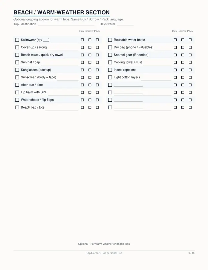 Travel Packing Checklist printable – page 9 of 10, rendered from Travel-Packing-Checklist-Letter.pdf
