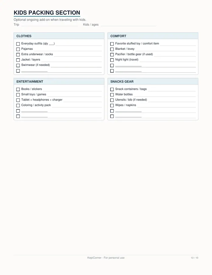 Travel Packing Checklist printable – page 10 of 10, rendered from Travel-Packing-Checklist-Letter.pdf