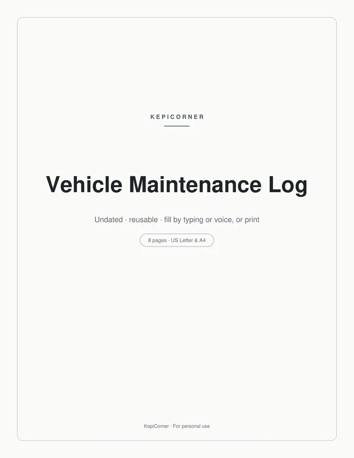 Vehicle Maintenance Log printable – page 1 of 8, rendered from Vehicle-Maintenance-Log-Letter.pdf