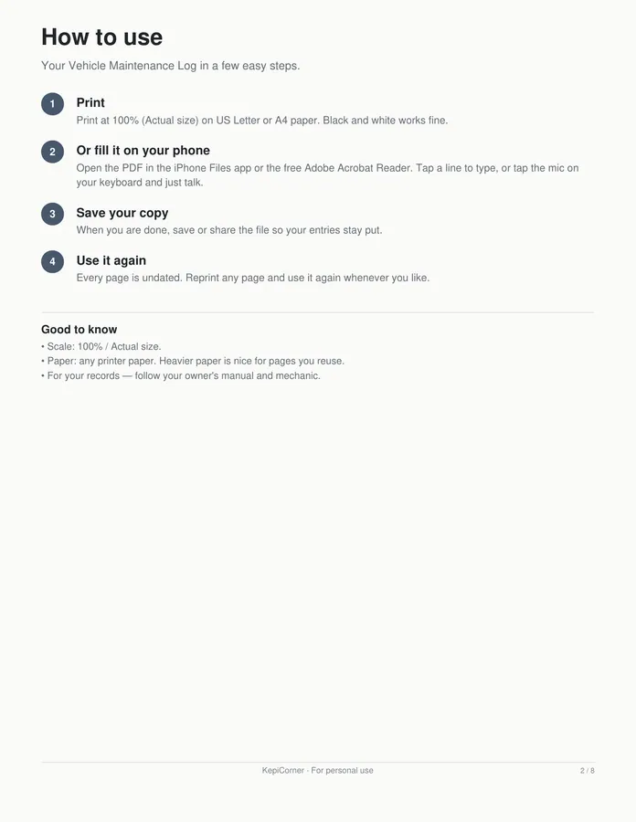 Vehicle Maintenance Log printable – page 2 of 8, rendered from Vehicle-Maintenance-Log-Letter.pdf