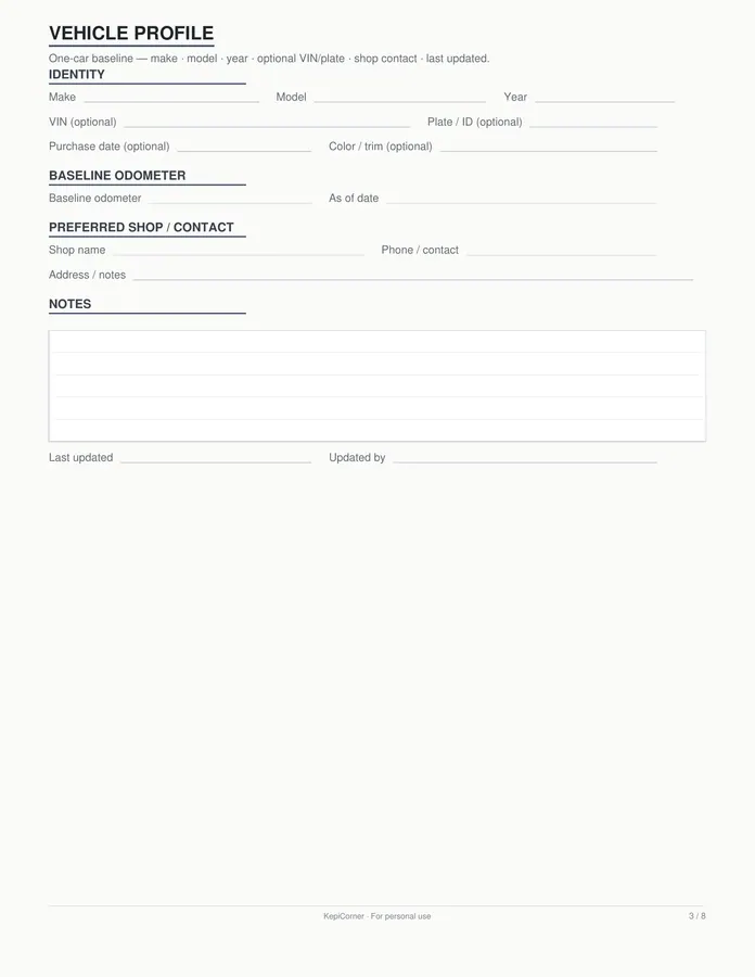 Vehicle Maintenance Log printable – page 3 of 8, rendered from Vehicle-Maintenance-Log-Letter.pdf