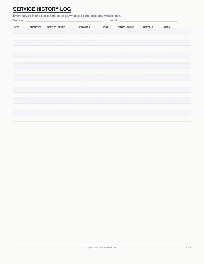 Vehicle Maintenance Log printable – page 4 of 8, rendered from Vehicle-Maintenance-Log-Letter.pdf
