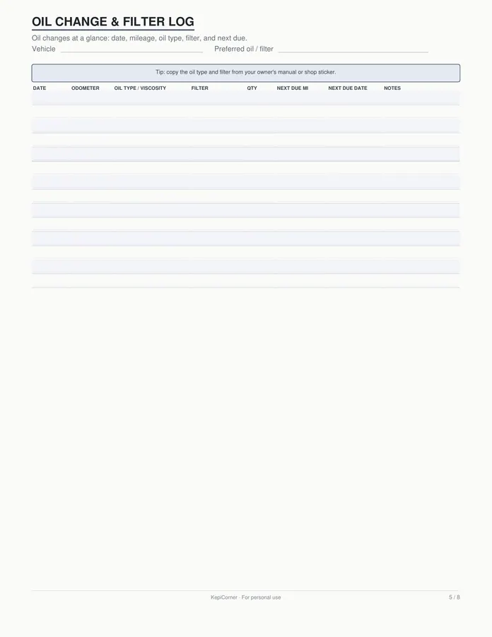Vehicle Maintenance Log printable – page 5 of 8, rendered from Vehicle-Maintenance-Log-Letter.pdf