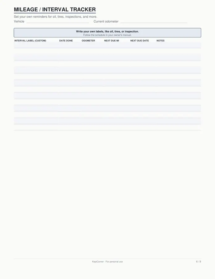 Vehicle Maintenance Log printable – page 6 of 8, rendered from Vehicle-Maintenance-Log-Letter.pdf