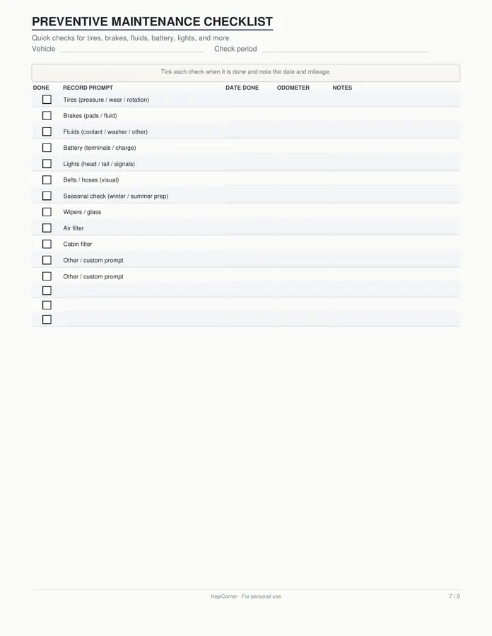 Vehicle Maintenance Log printable – page 7 of 8, rendered from Vehicle-Maintenance-Log-Letter.pdf