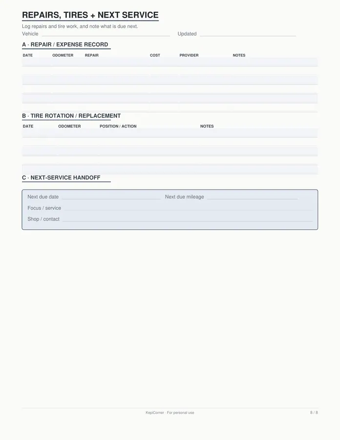Vehicle Maintenance Log printable – page 8 of 8, rendered from Vehicle-Maintenance-Log-Letter.pdf