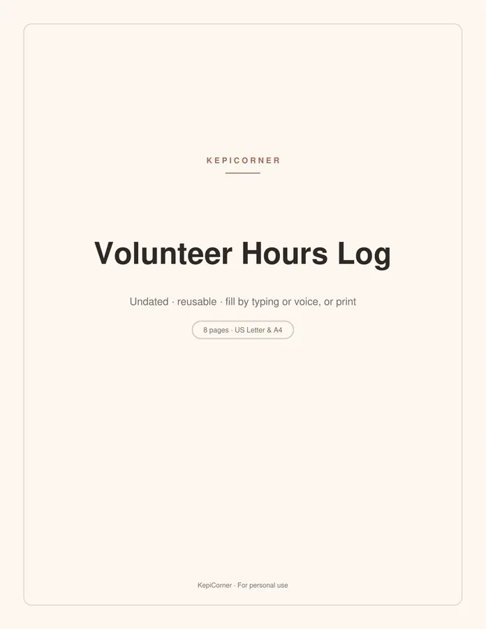 Volunteer Hours Log printable – page 1 of 8, rendered from Volunteer-Hours-Log-Letter.pdf