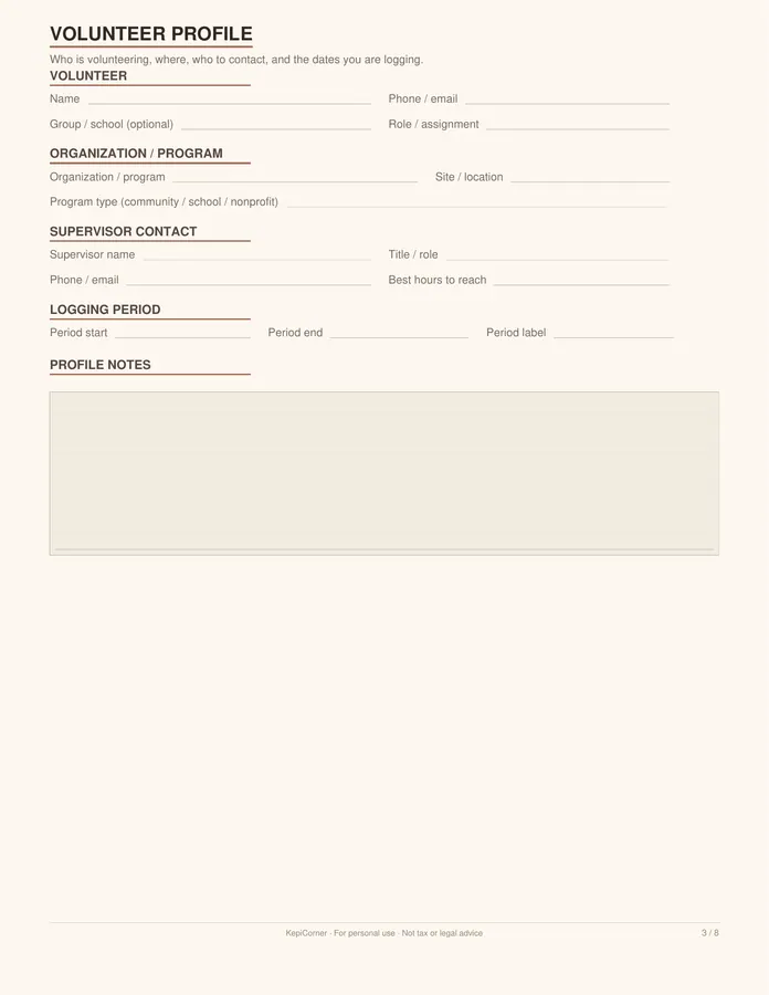 Volunteer Hours Log printable – page 3 of 8, rendered from Volunteer-Hours-Log-Letter.pdf