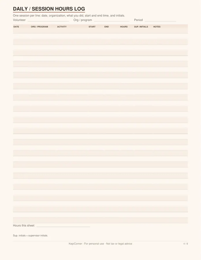 Volunteer Hours Log printable – page 4 of 8, rendered from Volunteer-Hours-Log-Letter.pdf