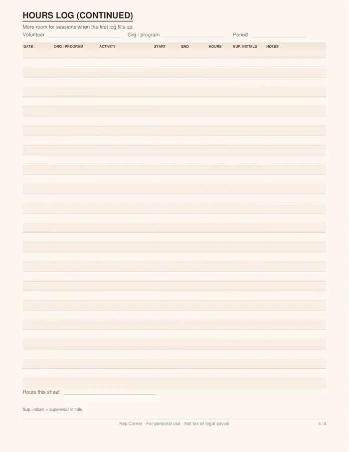Volunteer Hours Log printable – page 5 of 8, rendered from Volunteer-Hours-Log-Letter.pdf