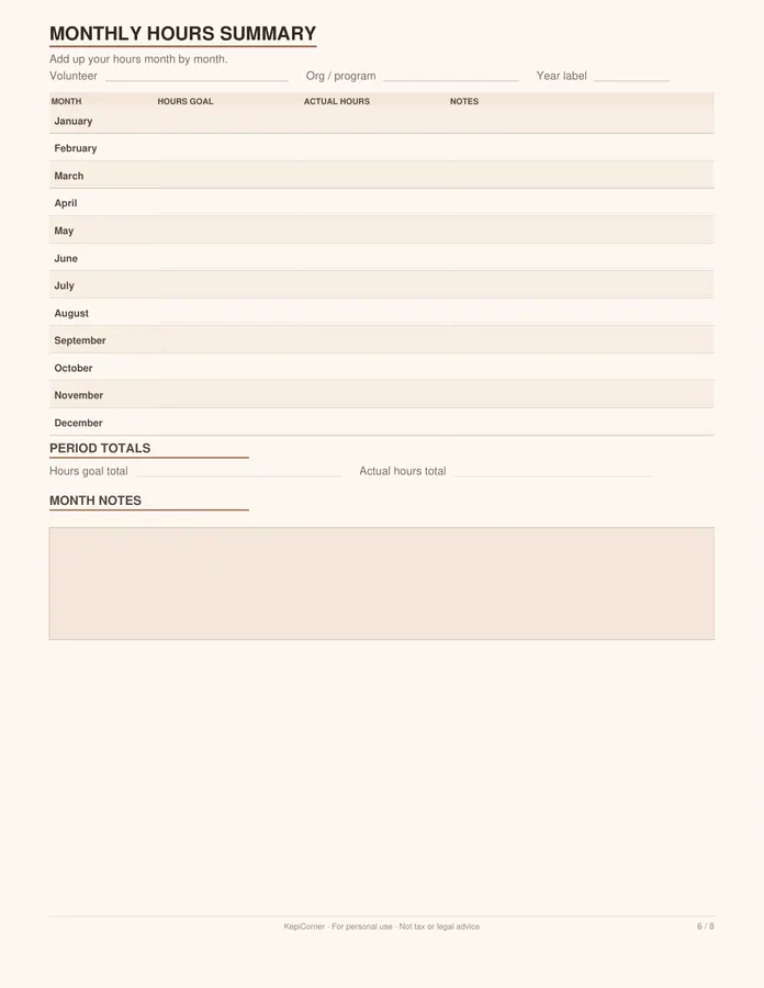 Volunteer Hours Log printable – page 6 of 8, rendered from Volunteer-Hours-Log-Letter.pdf