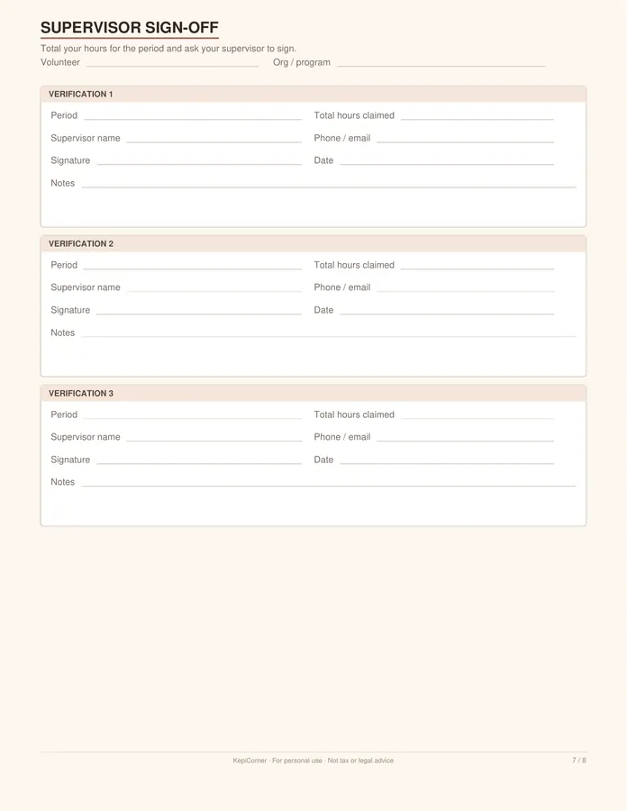Volunteer Hours Log printable – page 7 of 8, rendered from Volunteer-Hours-Log-Letter.pdf