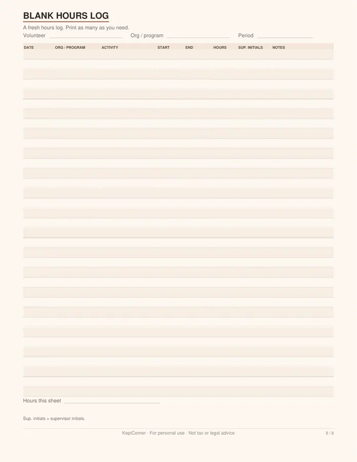 Volunteer Hours Log printable – page 8 of 8, rendered from Volunteer-Hours-Log-Letter.pdf