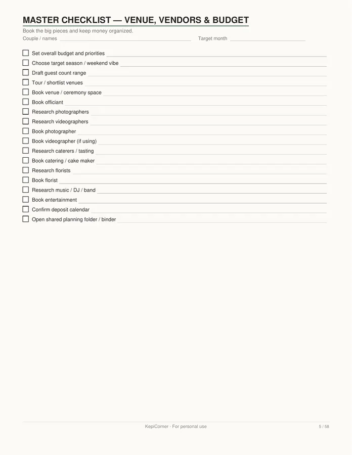 Wedding Planning Checklist printable – page 5 of 58, rendered from Wedding-Planning-Checklist-Letter.pdf