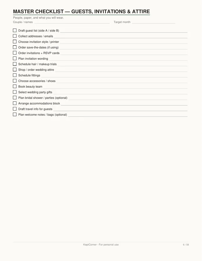 Wedding Planning Checklist printable – page 6 of 58, rendered from Wedding-Planning-Checklist-Letter.pdf