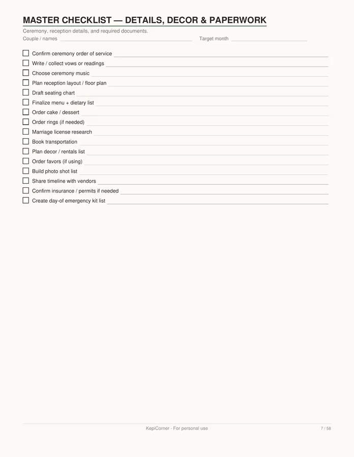 Wedding Planning Checklist printable – page 7 of 58, rendered from Wedding-Planning-Checklist-Letter.pdf